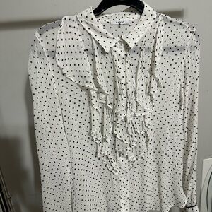 Ganni Black and White Polka Dot Ruffle Blouse